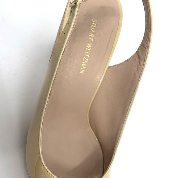Stuart Weitzman Size 6.5M Adobe Nude Wedge Sandal Cork Peep Toe Slingback Patent - Picture 7 of 12